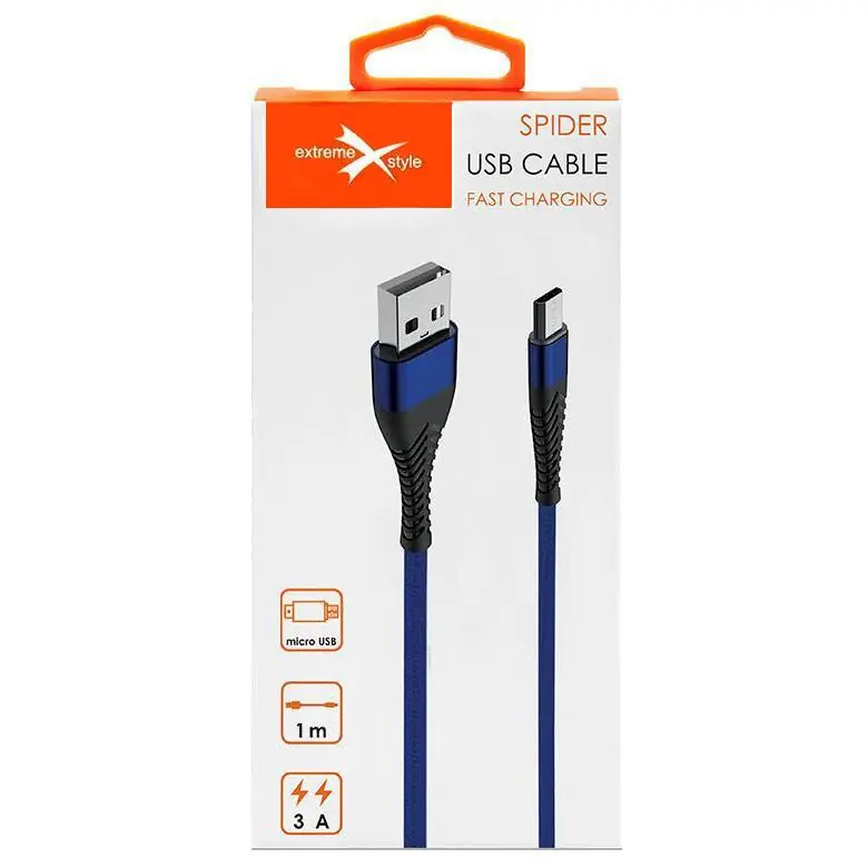 Nowy Wzmocniony kabel Spider micro USB 1m niebieski